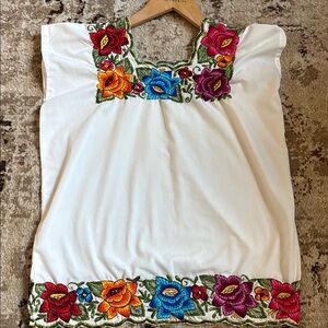 MEXICANA White Blouse with Colorful Floral Embroidery